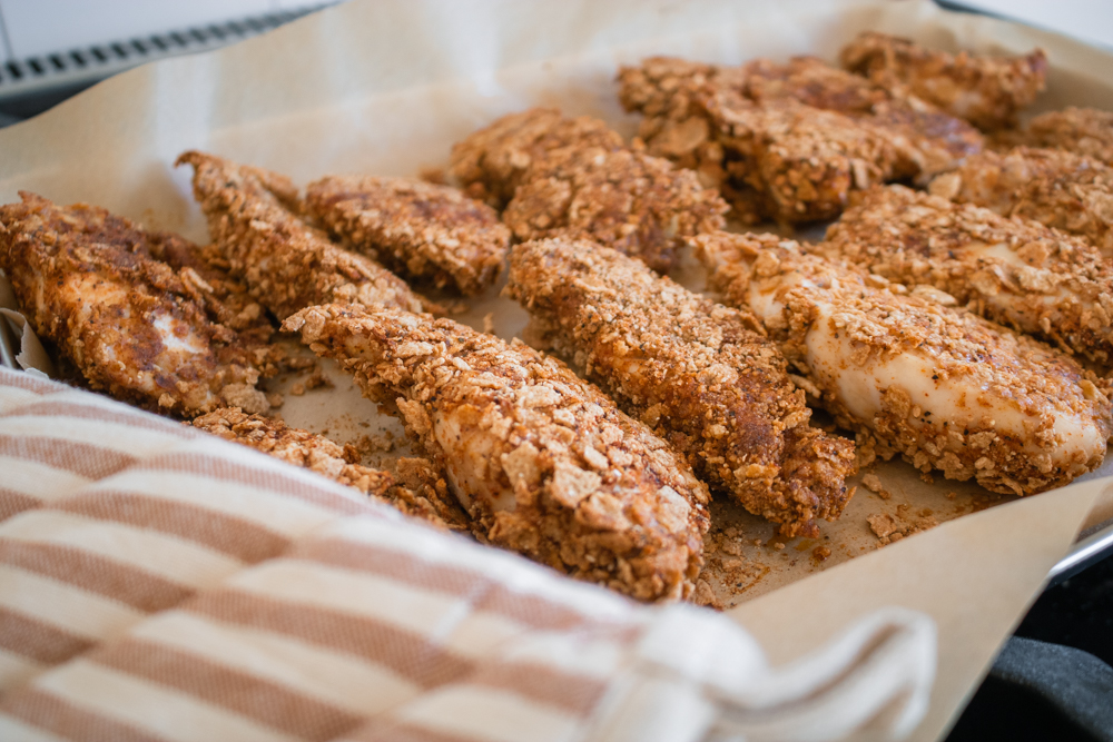 When chicken tenders are finished, they will have a nice golden brown to them and will be perfectly crunchy!