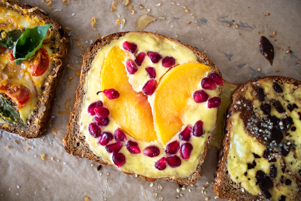 The pomegranate seeds and peach combination for this TikTok Yogurt Custard Toast is like something out of a resort brunch menu! But it is so easy to make.