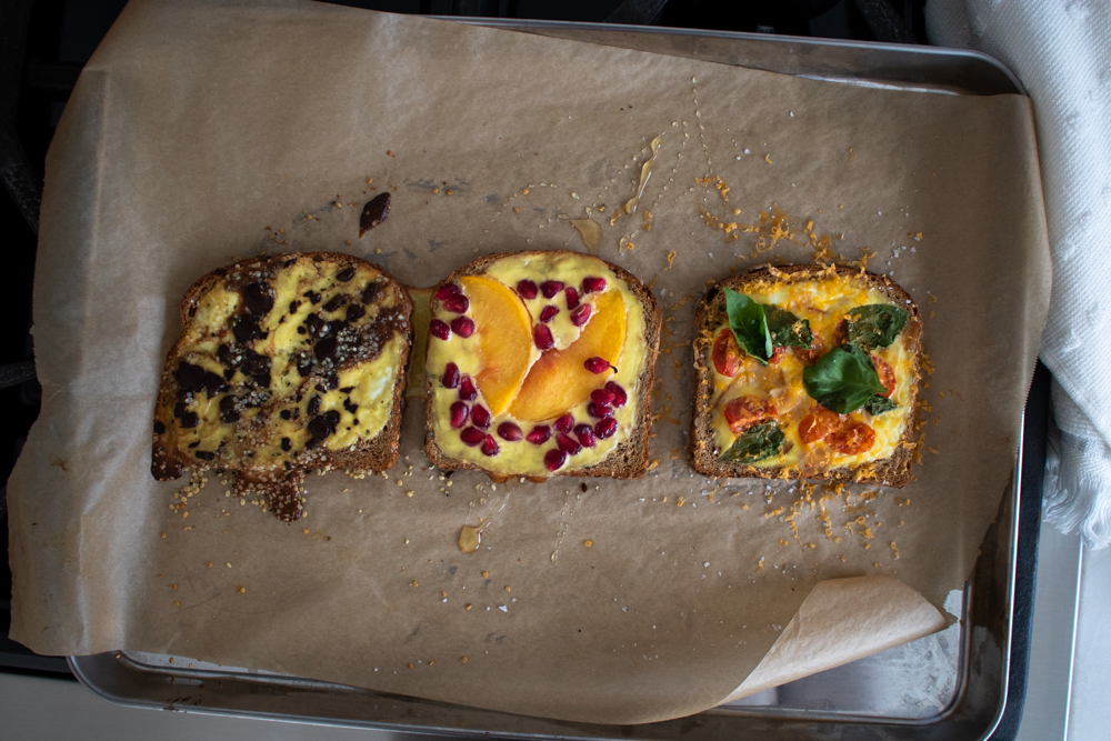 There are endless possibilities to the viral TikTok Yogurt Custard Toast: pomegranate and peach, turkey and cheddar, chocolate and almond butter, just to name a few!