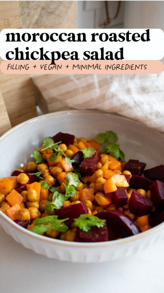 Pin this recipe for Moroccan Roasted Chickpea Salad! It's a filling, vegan salad with minimal ingredients: chickpeas, beets, peppers, and spices!