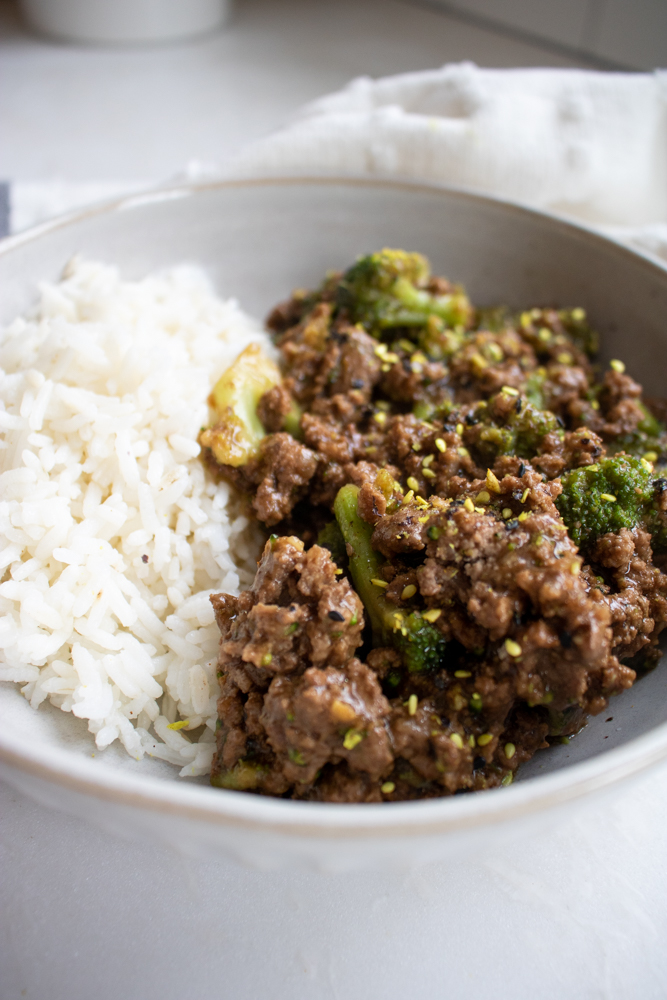 ground beef and broccoli with rice in a bowl